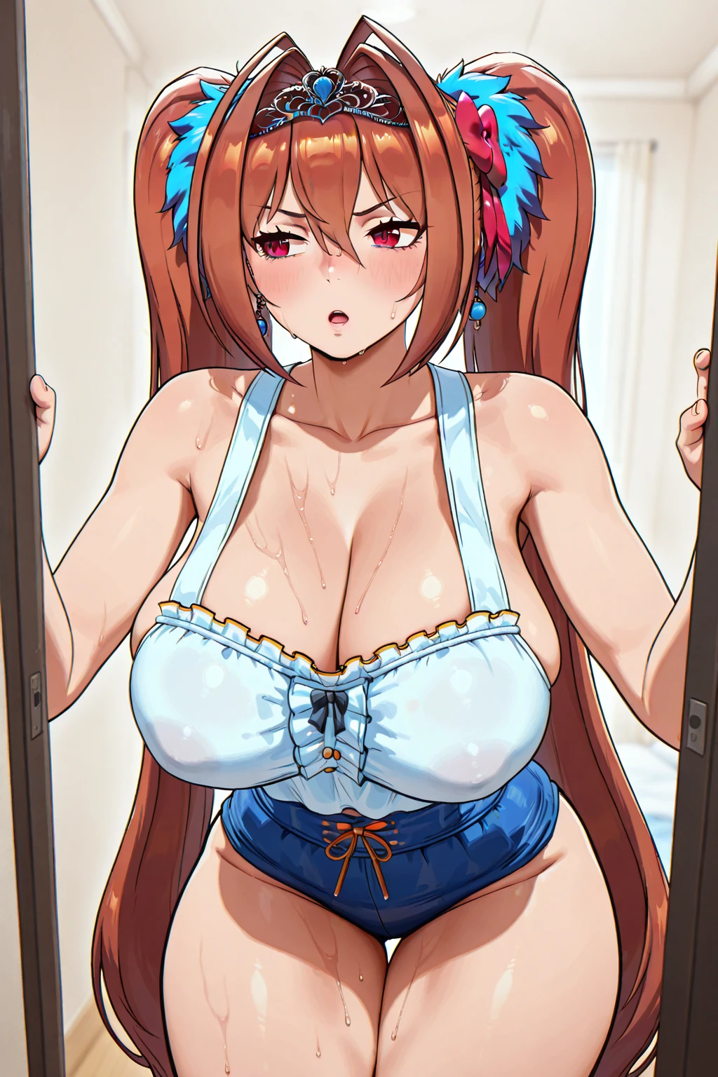 1 woman, alone, 8K, masterpiece,, Masterpiece, 8ก, (big breasts:1.5), Cute face, , look at the audience., Stationary face , (nipple:1.6), (hairy:1.8), blue panties,