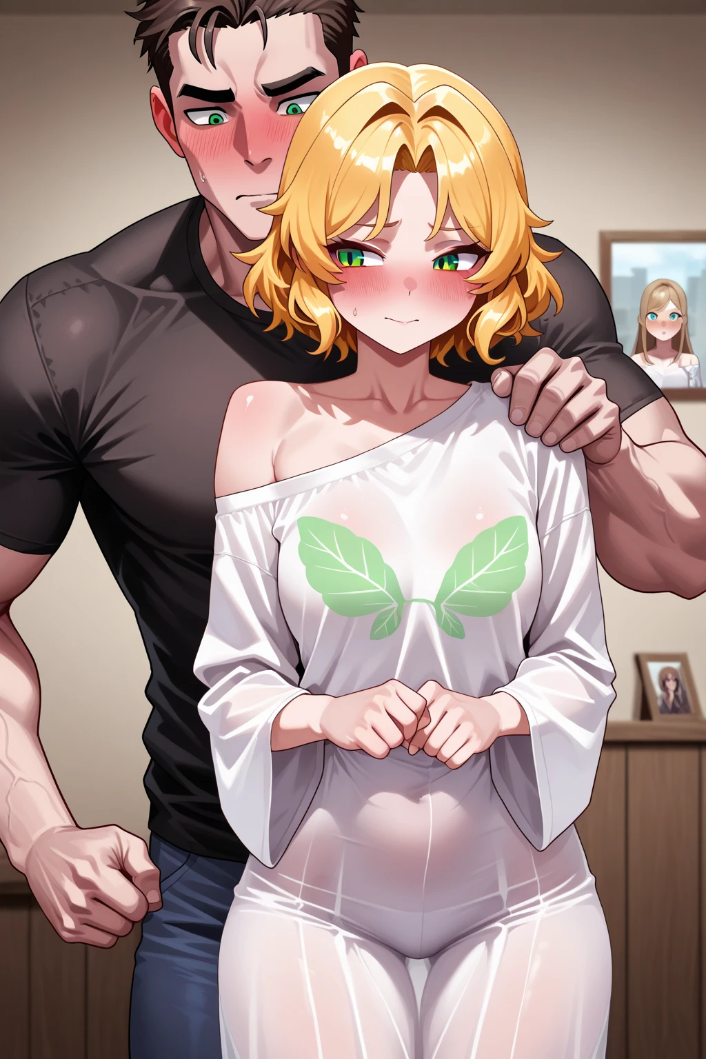 hANDSOME OLDER PINK HAIRED WOMAN KISSING A MALE BLONDE ELF, PREGNANT BELLY
