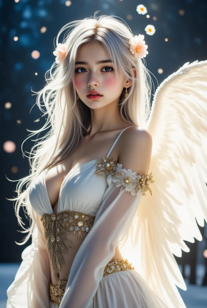 Beautiful angel in white dress, art station chengwei, halo, white feathers