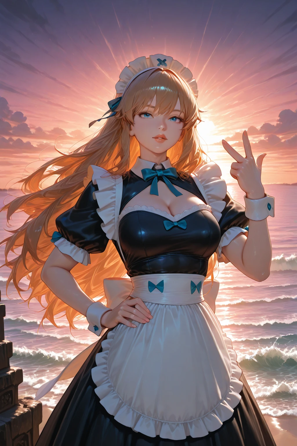masterpiece, ((Super detailed background, Exquisite pattern, Intricate details)), (Very detailed, fine details), best quality, Beautiful Lights, (( Slim girl))((Full and soft breasts,)))(((Large Breasts))) (((Cleavage))), Nano V3, ((Maid costume)), bavarian clothing, cleveage, 1 Girl, Orange Hair, Solitary, long hair, Jewelry, Brown eyes, Smile, earrings, blue tattoo, (Complex and detailed backgrounds, barren land, rock, ocean, Orsted, Natural Environment), (Cowboy shooting),
