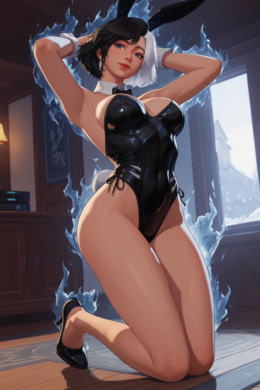 source_anime, source_cartoon, rating_explicit, 1girl, full body, art by Mamimi, 1girl, bikini, black bikini, black gloves, black legwear, blue background, blush, bow, female pubic hair, foreshortening, gloves, looking at viewer, maid, maid bikini, maid headdress, navel, open mouth, pubic hair, pubic hair peek, smile, swimsuit, thighhighs, two-tone background, v, tongue out, <lora:Rayna_X:1>brown hair, earrings, grey eyes, lipstick, rayna_x, short hair