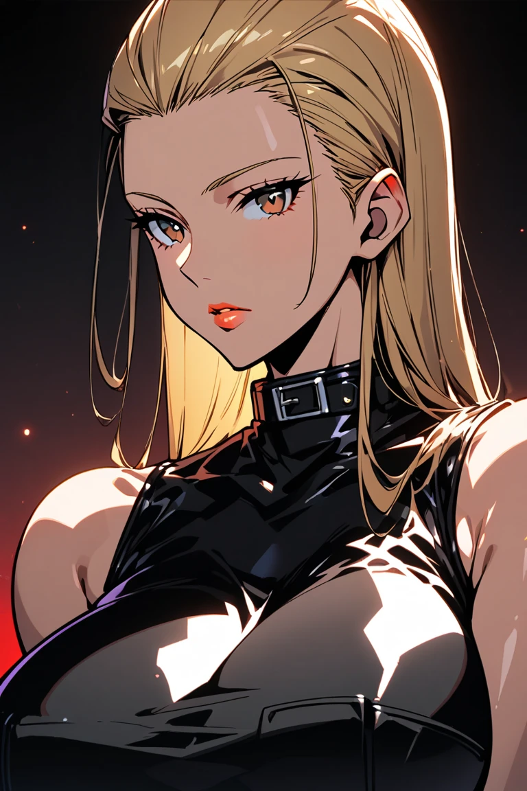 Best quality, masterpiece, ultra high res, 1girl, sexy, in the dark, deep shadow, low key, cold light, milf, dynamic light, cinematic lighting, cinematic lighting, down blouse, mature woman, middle parted hair, nsfw, natural breast, upper body, milf, nsfw, scarlet, final fantasy, blonde, face closeup, face detail, red lips detail