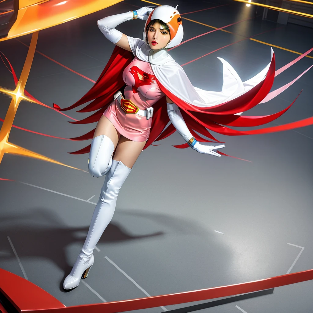 ANI_CLASSIC_jun_gatchaman_ownwaifu,1girl, 15yo,good anatomy, masterpiece, best quality,realistic, hyper realistic, 16k hdr, long hair,breasts,lips,large breasts,lipstick,makeup,gloves,cape,helmet,belt,elbow gloves,white gloves,mask,ultra miniskirt,leotard,spacesuit,white tight overknee highheels boots,pink dress,superhero,bodysuit,cleavage,erected nipples,(kick ass poses),cameltoe