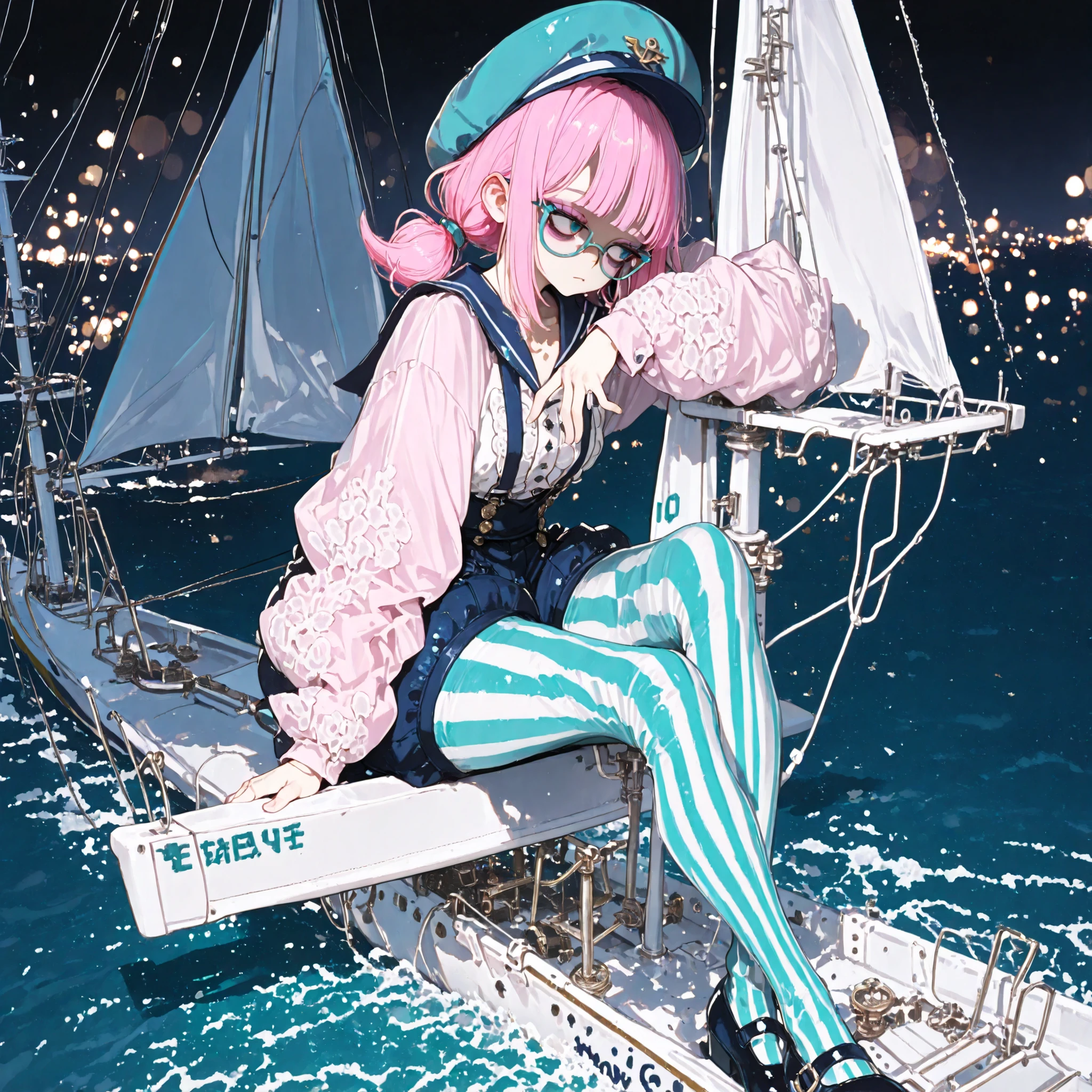 Very wide shot, atmospheric forced perspective, head down, straight on, head tilt, legs dangling off edge of sailboat, ankles crossed, arm folded over chest, (((sitting on edge of sailboat, on sailboat, sitting on sailboat,))) distracted expression, looking away, bored stiff posture, 1 woman, blue sailor hat, aqua eyes, (((tareme, aegyo sal, eyeshadow under eyes,))) flipped sidelocks, blunt bangs, (((pink low twintails, short twintails, pink hair))), (blue square glasses), blue suspenders, white dress shirt, puffy shorts, ((aqua white vertical striped tights)), blue mary janes, (((tenshi kaiwai fashion))), detailed face, detailed eyes, (long legs,) ((mature, adult, long torso,)) masterpiece, best quality, cinematic lighting, highly detailed, details, ultra quality, HDR, 8k, ((bokeh)), ((amazing composition,)) (((score 10,))) complex exterior, blue black pink gothic palette, drab scenery, green murky weather, big sailboat, fog, ocean, power lines, ((somber mood, shade, shaded face, dark, darkness))