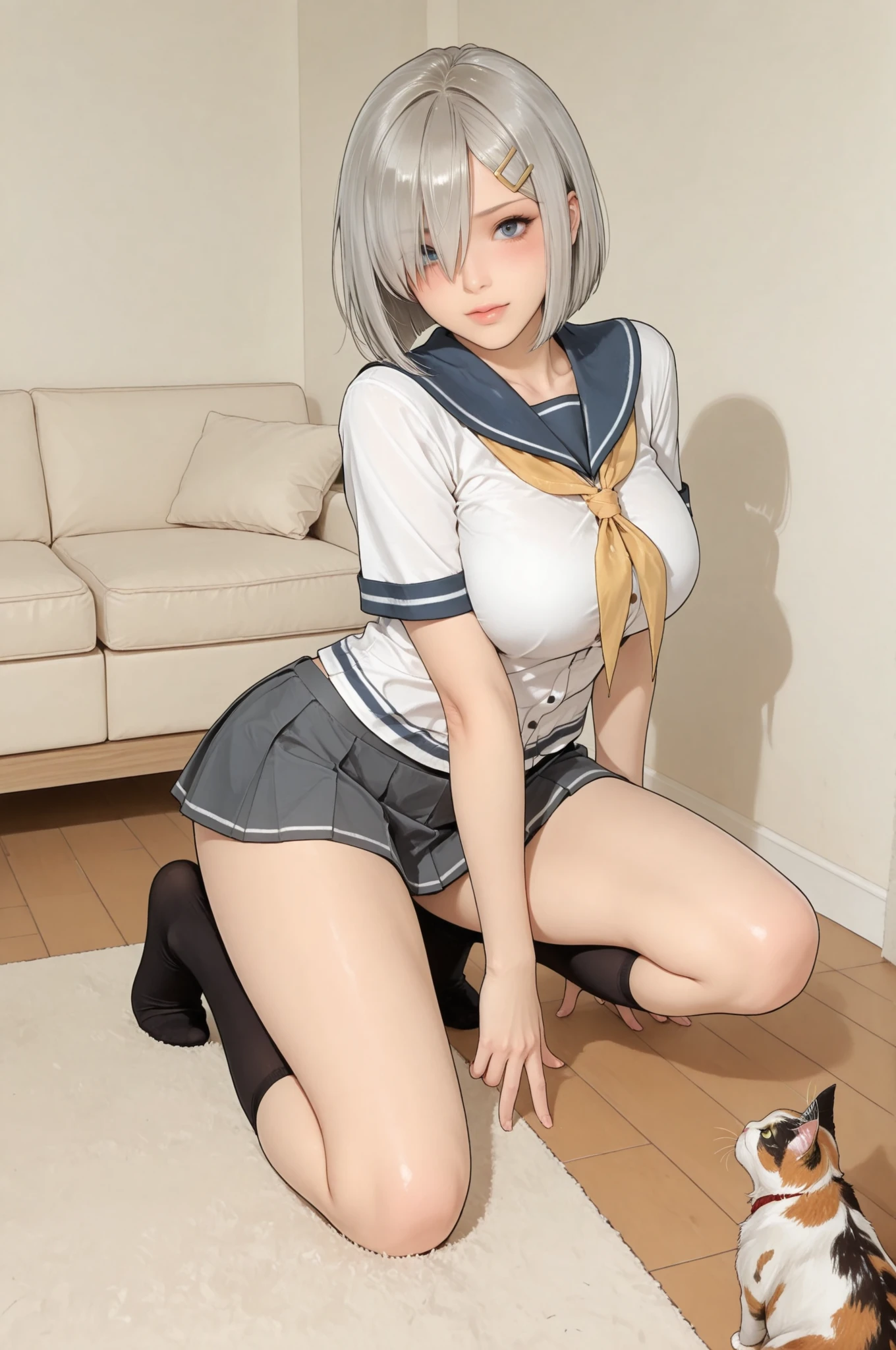 (best quality, 8k, highres, photorealistic:2.0), (solo, one girl:2.0),(lighting: strong),(lighting: front),(very muscular girl:2.0),(bodybuilder girl:1.5),(shiny skin:1.5),(short hair:1.5),(silver ash hair color:1.5),(Open your bent legs to the limit:1.5),(raise both arms behind your head:1.5),(black loafers:1.5),(white collar shirt),(long sleeve shirt:1.3),(tight shirt:1.8),((unbutton one's shirt)),(short socks),(white socks:1.1),((blue pleated skirt)),((blue skirt)),((Wearing cute white panties)),(orgasm),((Girl leaning on an old leather sofa)), very beautiful girl, Blush brown makeup , dark eye makeup ,((The shape of erect nipples stands out against shirt.:1.2)),(small breasts:1.2)