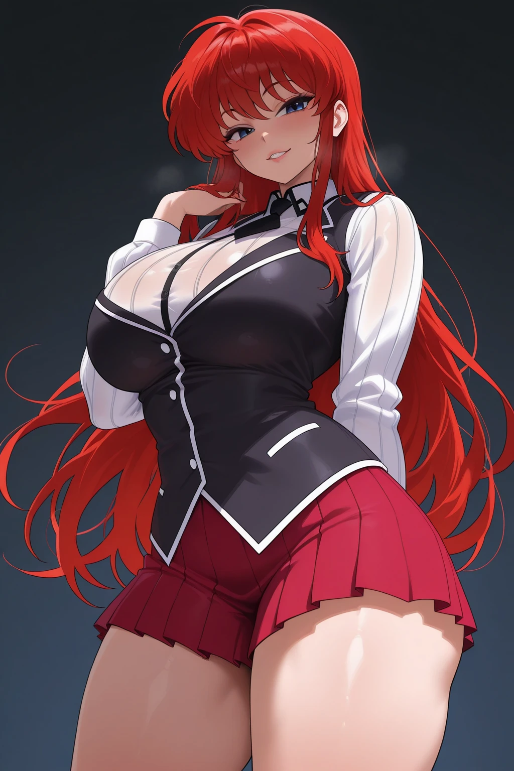 A beautiful anime girl with long red hair and striking blue eyes, wearing a short skirt and an open white shirt that reveals a black and red lace bra,