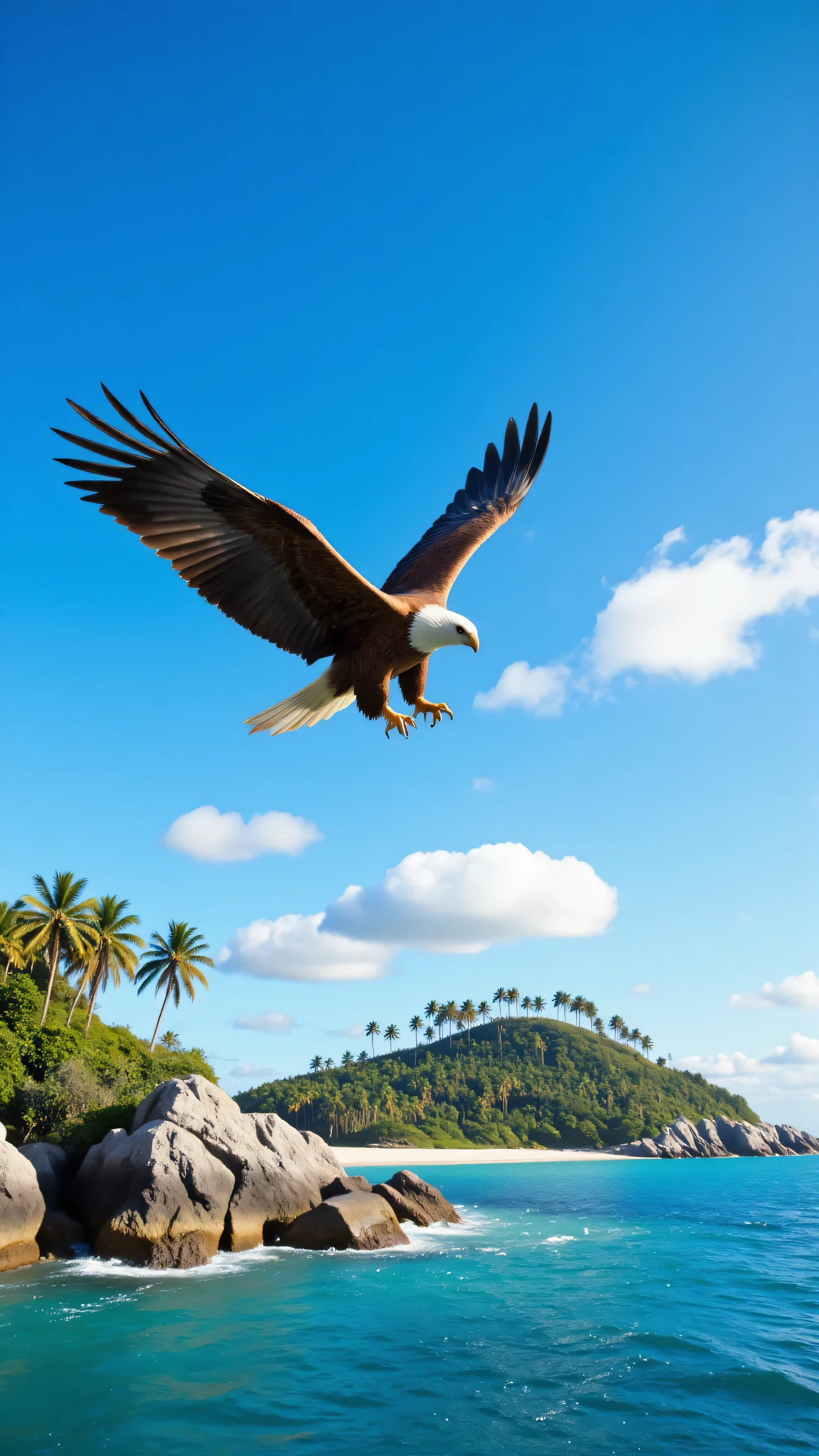 highdefinition images,Uninhabited island、big eagle、wings spread out against the background、The coastline is flying with