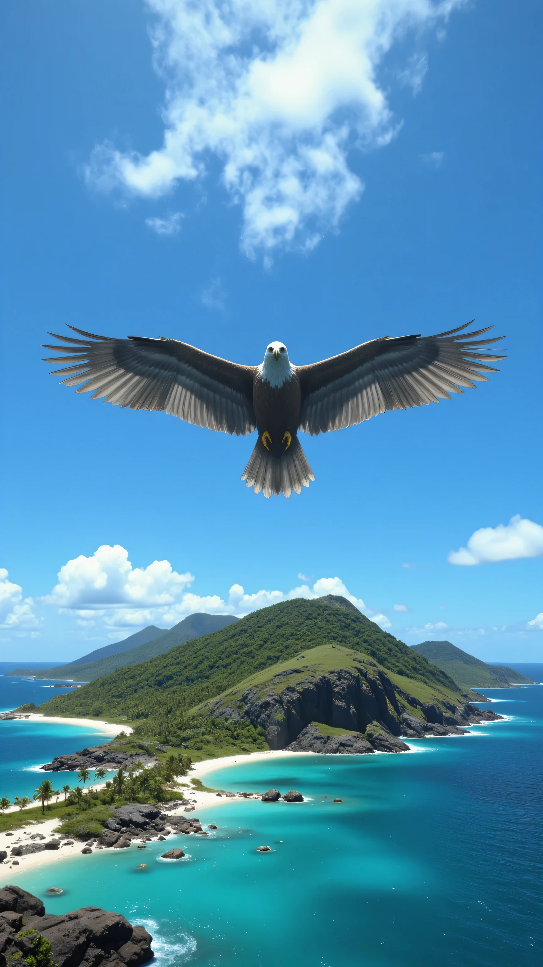 highdefinition images,Uninhabited island、big eagle、wings spread out against the background、The coastline is flying with