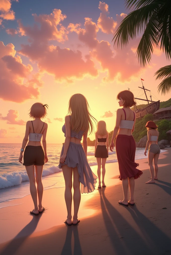 (5girls:1.1),side by side,beach,,from below,swimsuit,bikini,standing,(height difference:1.3), mother and daughter, sisters,