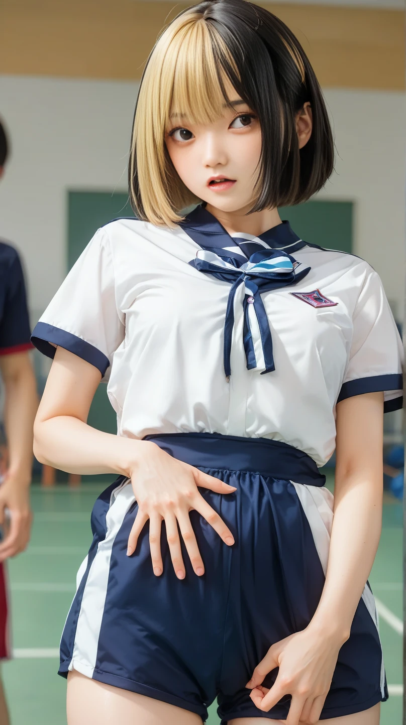 Heisei Era、School-issued thick white gym uniform and navy blue bloomers、Camel Toe、big 、blonde、short hair、The ultimate sexual climax、The most beautiful、The most beautiful skin、White semen drips from the crack of her pussy in her thick navy blue bloomers.、Zoom up the lower body、View from below、Squat、force