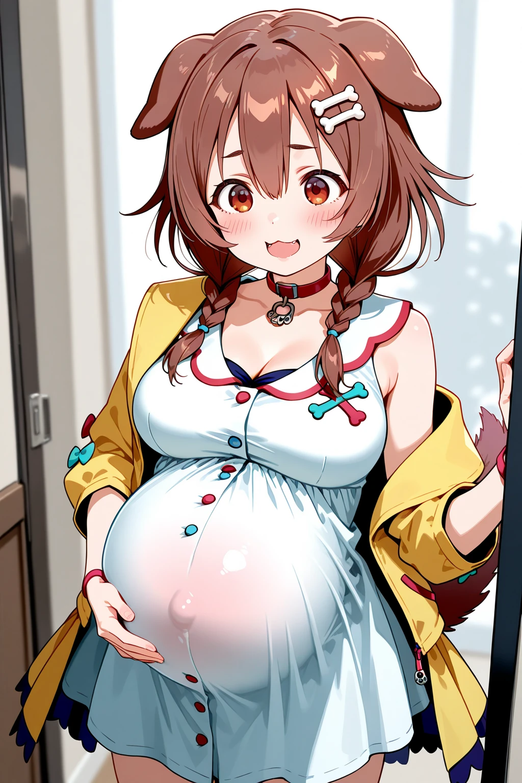 (masterpiece, best quality), intricate details,
1girl,
<lora:pregnant_v21:0.8> pregnant, <lora:inugami_korone_v1:0.8> ik1, 1girl, white dress, yellow jacket, cartoon bone