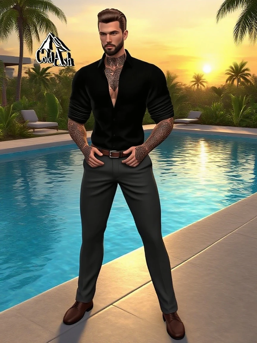 There's a man with tattoos on his chest and arms, shirtless or detailed, on clothes! Highly detailed, Daz. detailed, whole body!! maximalist details, highly detailed upper body