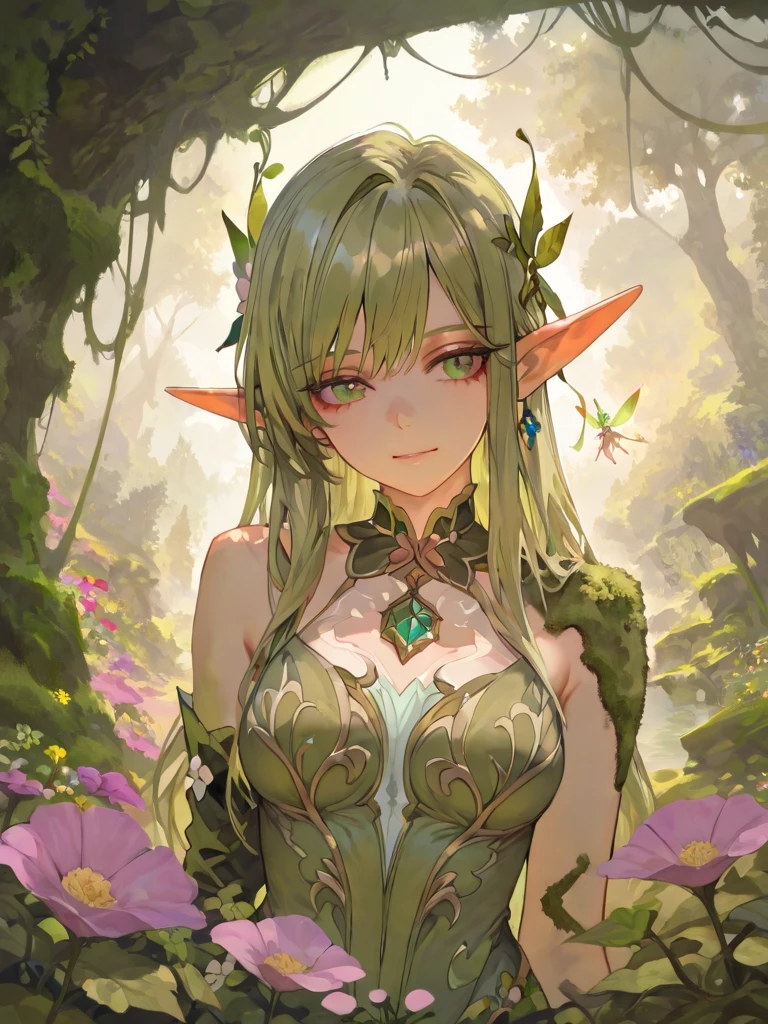 (detailed eyes:1.1), (detailed face:1.1), masculine dwarf, sitting on a tree stump, looking at viewer, covered in verdant leaves, large eyes, male, forest environment, skin covered with leaves, green skin, wearing a leafy outfit, mischievous smile, large eyes, muscular build, pointy ears, glowing green eyes, short and stout, mystical aura, detailed face, blush, narrow waist, fit body:1.1, intricate detail, photorealistic, (blush:0.2), (goosebumps:0.3), subsurface scattering, glowing skin, volumetric lighting, godrays, Rembrandt lighting, real shadows, extremely high detail, detailed skin texture