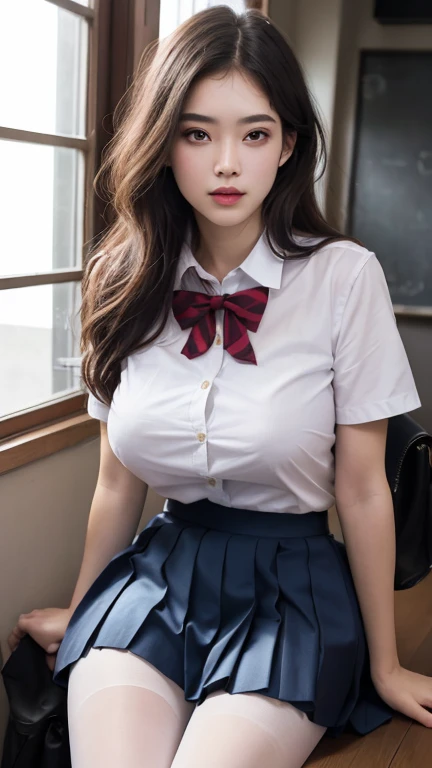 Best quality, masterpiece, ultra-high resolution, 8K, (reality: 1.4), RAW shooting, most detailed face, very detailed and perfect anatomy, live photography; most beautiful face; shining skin; one 18-year-old Japanese.My bangs and eyes are big and cute.It has brown eyes, gentle eyes, long brown hair, a young face, and a large chest.E-cup. Look at the audience.angelic smile.Cosplay, Japanese high school girls, glossy white short-sleeved shirts, red ribbons, plaid pleated skirts, school library.