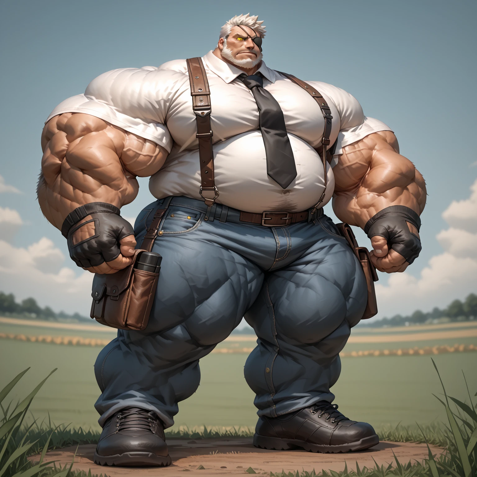 muscular old man, tall, towering, head touching the ceiling, too tall, flexing his arms, mechanical worker, detailed face, strong arms and hands, oil-covered overalls, worn-out tools, greasy machinery, heavy-duty equipment, diligent expression, hard hat, tool belt, imposing stance, industrial setting, dimly small lit workshop, small tables, sparks flying, intense focus, rough and calloused hands, muscular physique, sweat dripping, dirty and smudged face, aged with wisdom, worn-out boots, confident demeanor, experienced craftsman, powerful presence, worn-out work gloves, dedication to craftsmanship, vintage machinery, oil stains, precision and accuracy, vintage goggles, welding sparks, high-res details, rustic charm, sturdy and robust, atmospheric lighting, bronze tones, masculine energy, huge biceps and forearms, white hair, huge muscles, hyper muscles, muscle gut, huge muscle gut, angle from the side, does not fit in room, macro sized, kneeling