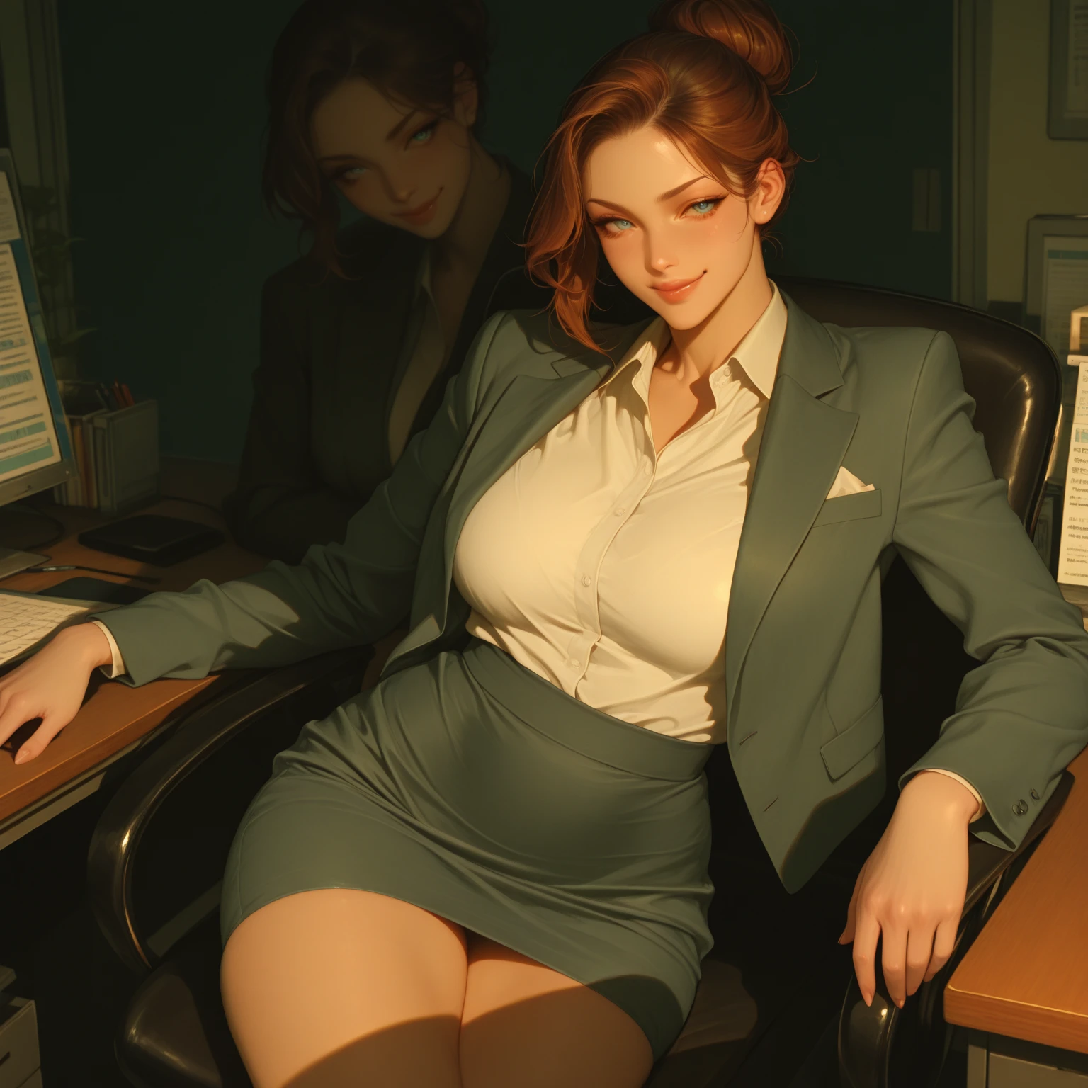 Woman, Red Hair, Green Eyes, Tired Eyes, Pony Tail, Office Lady, Short Black Pencil Skirt, Black Stockings, (Garters), White Collared Shirt, open Shirt, low neckline, Black Bra, ((Selfie)), (Sitting on Desk with Legs Crossed)