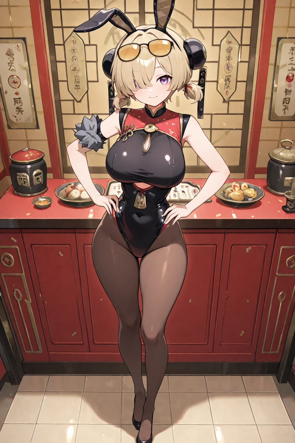Beautiful images,Detailed Images,Official image,(Chinese restaurant background),One Woman,Blonde,Red Eyes,Ponytail Hair,Model body type,(Dark Skin:1.3),Elf Ears,Large Breasts,(China dress:1.3),Smile small,