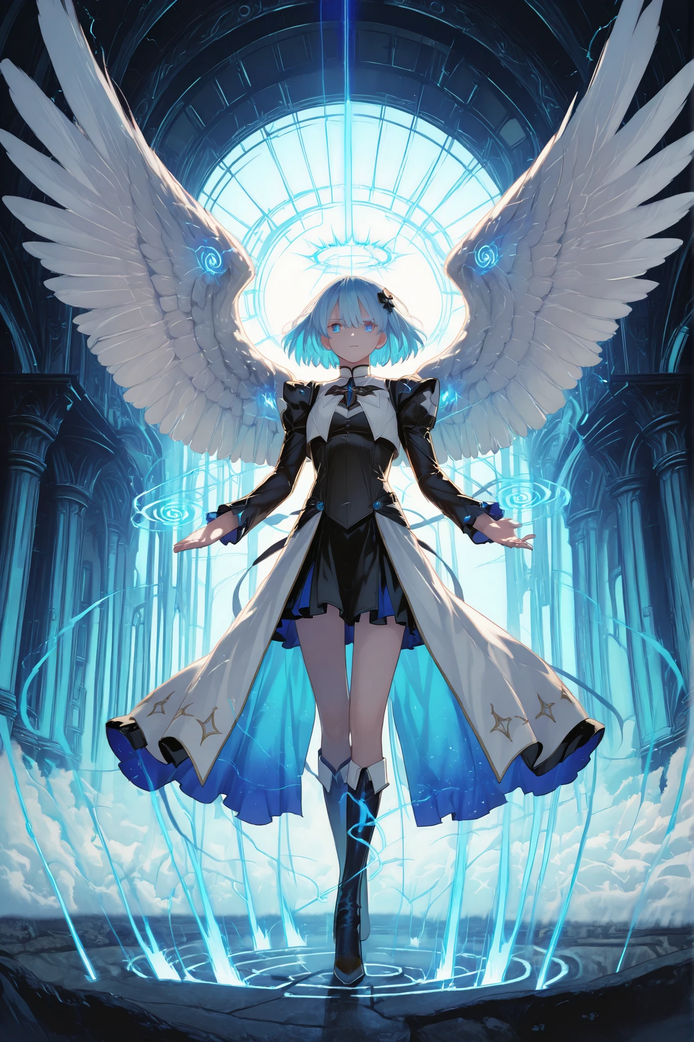 748cmstyle, spiral blue energy, anime, nice human girl angel, pose dynamic in action, angel minimal darkblackclothes, big white angel wings, intense, dreamy mystical fantasy landscape, cinematic dramatic lighting, ethereal glowing atmosphere, dramatic cinematic composition, photorealistic digital art.