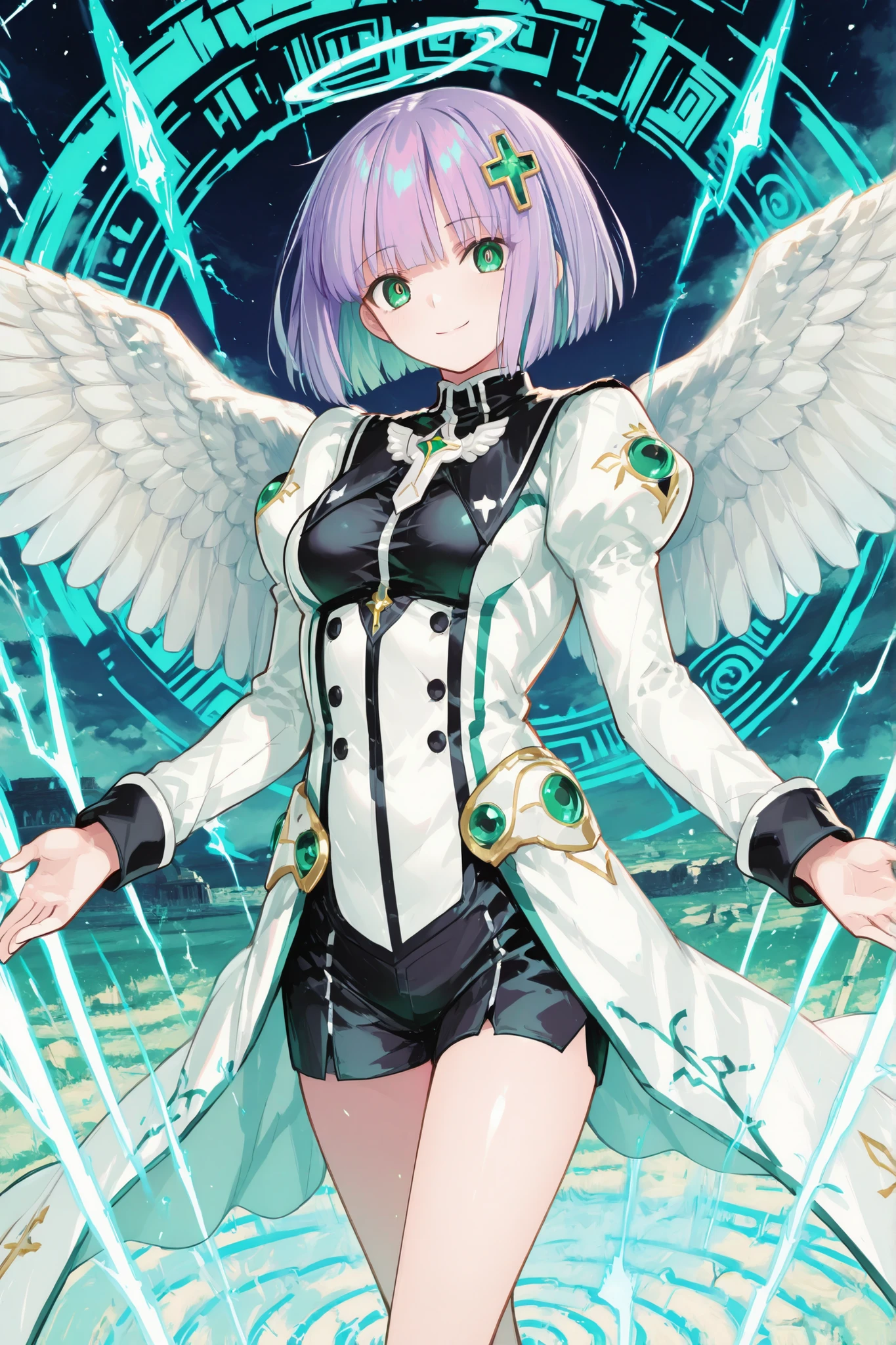 748cmstyle, Spiral blue energy, anime, Nice human girl angel, pose dynamic in action, angel minimal darkblackclothes, big white angel wings, intense Green eyes, very short bob purple hair , smile, outdoor the Heavens in background.