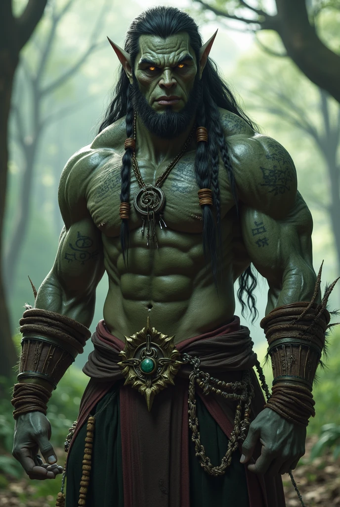 a half-orc shaman in a bog at night, volumetrics, close up