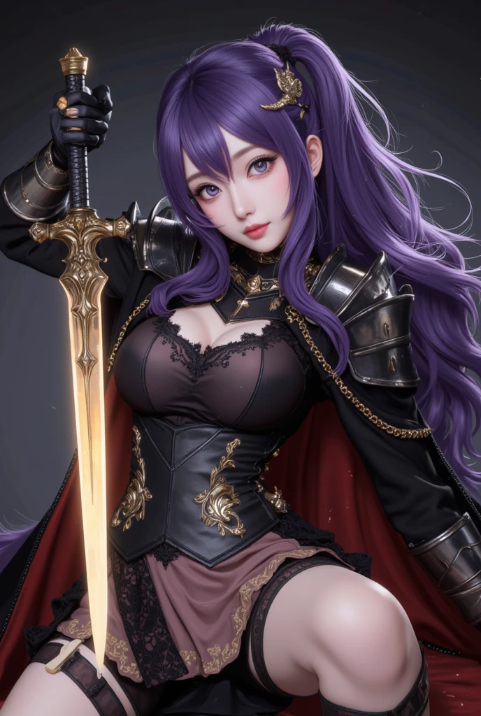 1girl, a knight, purple hair, beautiful face, skull tiara, black amor, perfect body, large breast, black sword, look at viewer, wood