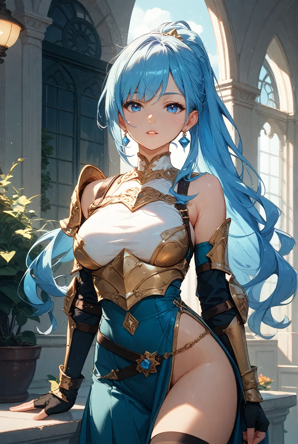 unparalleled masterpiece, ultra-realistic 8k, dynamic lighting, cinematic lighting, perfect artwork, beautiful eyes, detailed eyes, ((Chandelier, hall, palace, royal, Chandelier on background)), looking at the viewer, (((perfect female figure))), (((solo, 1girl, mature female, alluring, clean, beautiful face, lips, one_hand-on breasts))), (((hair flower, hibiscus, diamond neckless, diamond choker, diamond earrings))), ((short hair, light blue hair, yellow eyes, beautiful hair)), ((huge breasts)), (((long dress, dress, black arm warmers, high sleeves, gloves attached to arm warmer, bare shoulders, ))), gorgeous, luxury, ((toned, abs, muscular thighs, curvy, biceps, garter belt,)), (hands-on hip), shiny skin, smile, mouth closed, smug, (((huge muscles))),((SOLO WOMAN)), Saint Valkyrie, anjo alado, bela deusa, Mythical heroine, armadura dourada, capacete alado, (((gigantic breasts))), ((Bodybuider)), ((((huge muscular amazon)))), Nome, arte conceitual, High detail, Action painting, Estilo aNome, Cinematic lighting, motion blur, character chart, refer ence sheet, graphic, simetria, cowboy shot, F/1.2, 35 mm, Hasselblad, detalhes altos, anatomicamente correto, master part, best quality, 8k,Asgard, Valkyrie, warrior woman. anatomical correct, muscular abdomen, epic fantasy digital art,tmasterpiece,8K,high-definition resolution,detailed drawing,Quality Superior,, Epic composition,(best quality,4k,8k,highres,masterpiece:1.2),ultra-detailed,(realistic,photorealistic,photo-realistic:1.37),a knight girl with medieval armor,beautiful detailed eyes,beautiful detailed lips,extremely detailed eyes and face,longeyelashes,shining metallic armor,burnished steel sword,ornate helmet with feather plume,flowing cape with intricate patterns,confident and fierce expression,graceful and powerful posture,captivating background filled with ruins and castles,majestic mountains in the distance,fantasy art style,vibrant and rich color palette,warm and golden color tone,soft and dramatic lighting
