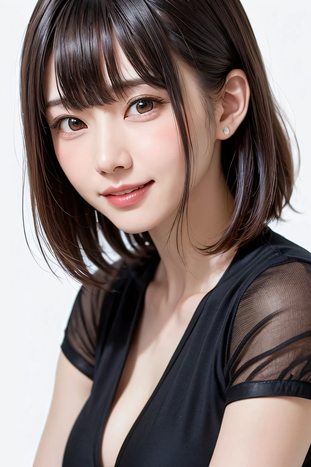 1 girl, alone, Beautiful Skin, very detaileded, ultra detaileded, Ultra-high resolution, (Photorealism:1.4), (highest quality), (Best Shadow), detailed, Perfect lighting, Black Hair:2, ((Showpiece, highest quality, High precision)), One Girl, (Realistic: 1.4), (look up at the camera even a little, カメラをlook up, look up, look up at the camera, Looking into the camera))), alone, White Background, snow-White Background, shut up., smile, pretty Black Hair:2, short hair:1.6, Big eyes, Beautiful double eyelids, eyelash, listen, Long neck, 美しいLong neck, Absolute area, ((Face close-up, short hair with bangs、Short Bob Hair:1.5、Off the shoulder)), 19 years old, Attractive proportions, Shiny skin, Beautiful clavicle, Golden ratio face, Perfect Face, Teardrop-shaped mole, Mole on chest, bangs, clean bangs, beautiful bangs, Lip gloss, Thin lips, White skin, I took off my clothes, Small face, Small face, 少し上を向いてLooking into the camera, ((smile a little for the camera, Beautiful background with vibrant paint, Listen carefully, big 胸、Dynamic Angle:1.5、Workplace Safety:2))