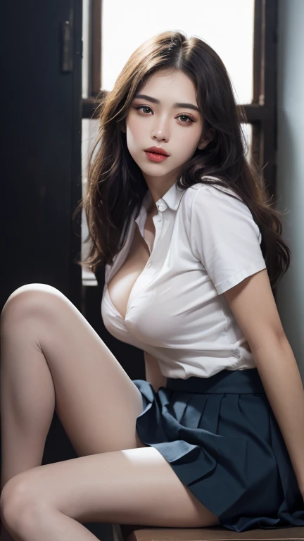 (8K、nffsw、Hi-Res)、((((a picture、Raw photography、Hyper-Realism、masterpiece、top-quality、超A high resolution))))、(Pin Light、Back lighting、Back lighting、ciinematic light)、foco nítido:1。4、(Hyper-detailing、finedetail)、cowboy shot、 1girl in、Egg-shaped face、Big, Beautiful eyes like a cat、small and slightly plump lips,,,,,,,,,,,,、thick eyebrow、long and beautiful eyelashes。Transparent throughout makeup、Put a sparkling pink lip gloss on your cheeks.。(((Wavy dark brown medium hair)))。(((white shirt)))、large full breasts、cleavage of the breast、25-years old、(Drooping eyes 1.5)、 Beauty、japanes、(((white panties)))、(8KRaw photography、top-quality、masuter piece:1.2)、ultra-detailliert、ultra res、(realisitic、realisitica picture:1.37)、portlate、高精細RAWカラーa picture、Professional Photography、highly detailed and beautiful、ighly detailed、8K画像Wallpapers of、amazing detailed、huge filesize、Official art、Highly detailed CG Unity 8KWallpapers of、highly detailed beautiful girl、ighly detailedな顔、ighly detailedな目、ighly detailedな肌、ighly detailedな指、highly detailed nose、ighly detailedな詳細な口、Perfect Anatomy、细致背景、Cute little girl s、realisiticな体つき、de pele branca、glistning skin、Handsome body、kawaii、kawaii faces、Lifelike face、Delicate eyes、Looking at the camera、front facing、thick thight、(Highly detailed white skin)、Tecateca、embarassed face、Excited face、Muchimuchi、(looking at from the front:1.2)、(japanesのOL:1.2)、(knee:1.3)、(((Lift the skirt、Lift the skirt with both hands,、Lift the skirt yourself、I can see the white panties)))、Dark Officeで、((squat exercise:1.3))、((low angle shot:1.2))、(((I'm wearing high heels)))、(((Dark Office)))、