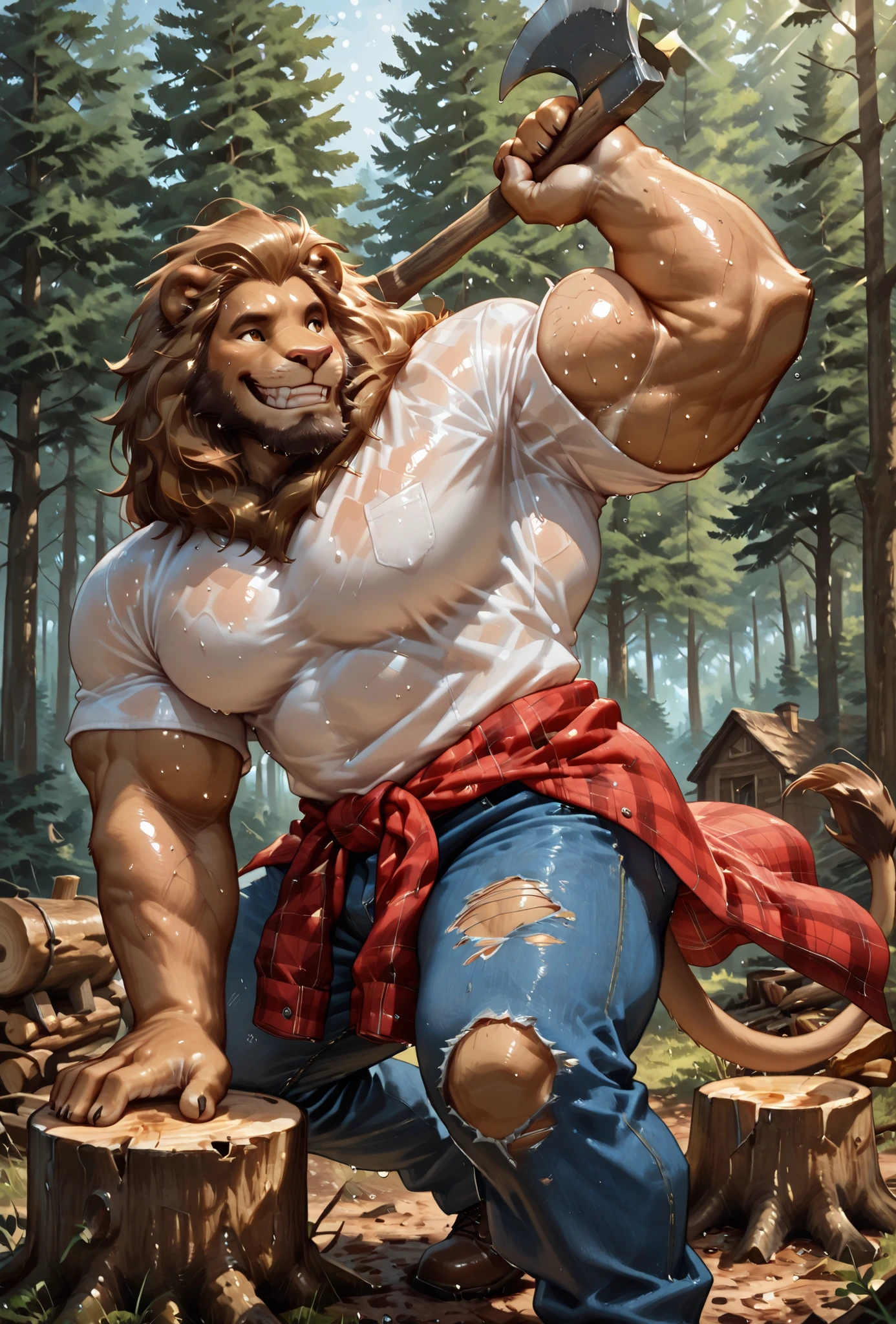 Lion, male, solo, adult, abs, pecs, nipples, older, strong muscles, long mane, detailed face, beautiful eyes, lumberjack outfit, black jeans pants, open shirt, sleeveless shirt, (red square shirt), muscular chest, muscular, seductive face, bodybuilder body, beefy, forest background, bulge, looking at viewer, holding hatchet, sweat, sweaty, chest hair, by bruteandbrawn, by personalami, by kenket, (intricate, high detail, film photography, soft focus, RAW candid cinema,
photorealism, realistic, photorealistic, analog style, subsurface scattering,
masterpiece, best quality, ultra realistic, 8k)