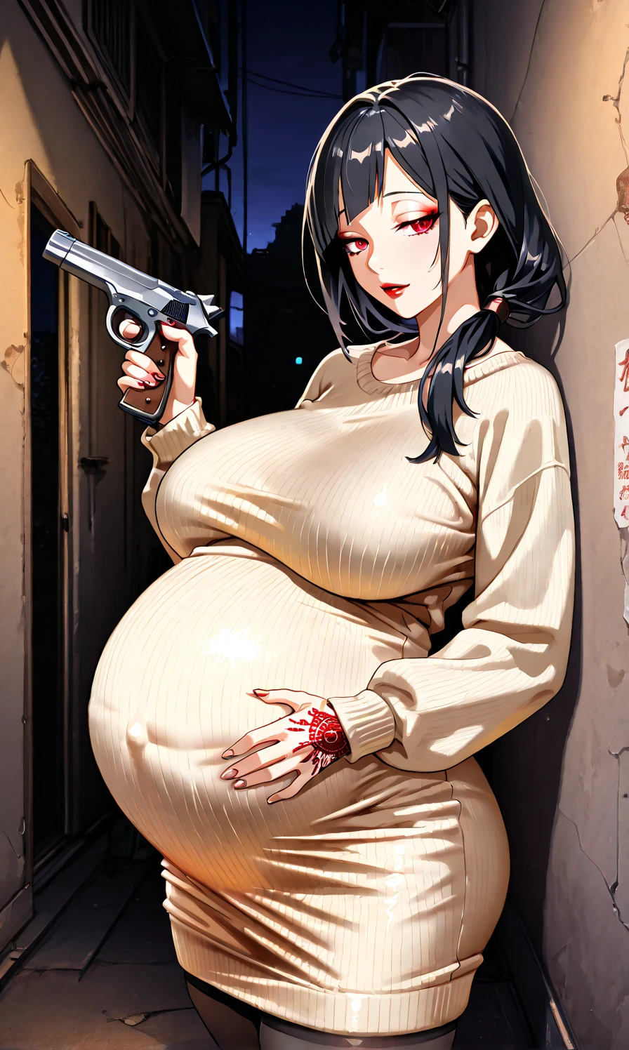 1girl, far view,Pregnant, black hair, wearing a dress with stockings, shark tail, jagged teeth, dark blue eyes, halo, holding a rifle 
