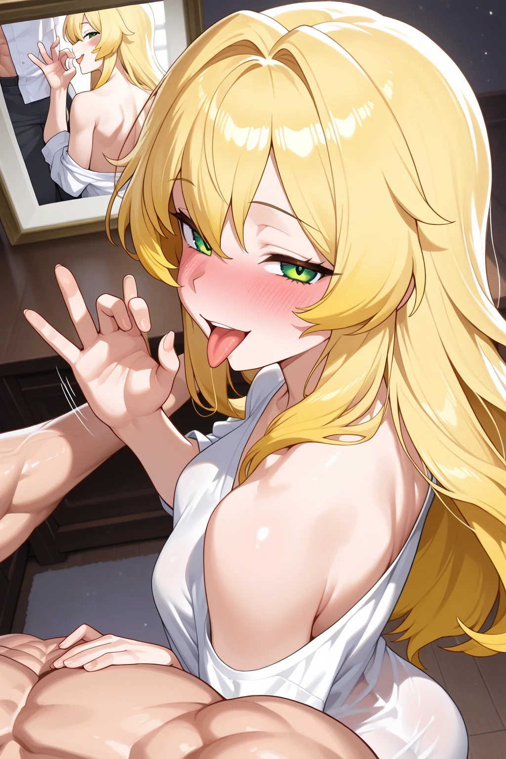 nsfw,(Petite),(two male daughters),((Titty fuck)),((Rubbing penis on chest)),blonde low twintails,lips,Sweat,White Breath,(((ejaculation))),Ecstasy face,Naughty sound effects,