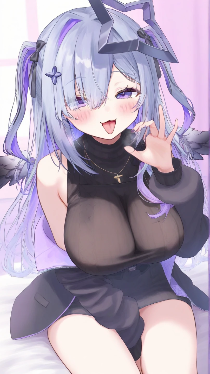 masterpiece, high quality, Very detailed, One girl, Mature Woman, alone, Bunny girl, pekomama, (Huge breasts:1.5), ((((Blue Hair), Long Hair, Pink Eyes, elongated pupils, Bunny ears))), Red lips, (((Virgin-killing clothes、Grey sweater))), ((Mischievous Smile), make an OK sign with your finger、Sticking out your tongue and making a licking gesture、Sticking out tongue、Long Tongue、Sigh is great、Sigh:1.3、Drooling tongue、Drooling