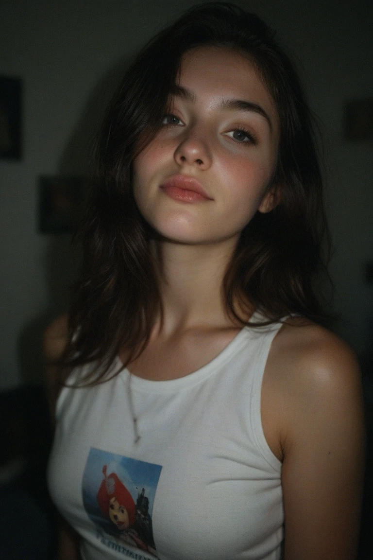 (RAW photo, 4k, masterpiece, high resolution, extremely complex) (realistic: 1.4), cinematic lighting, 1 Girl, Solo Focus, Summer Noon, Hot, 1990s (Style), Denim Lens, Indoor, Short Sleeve T-shirt