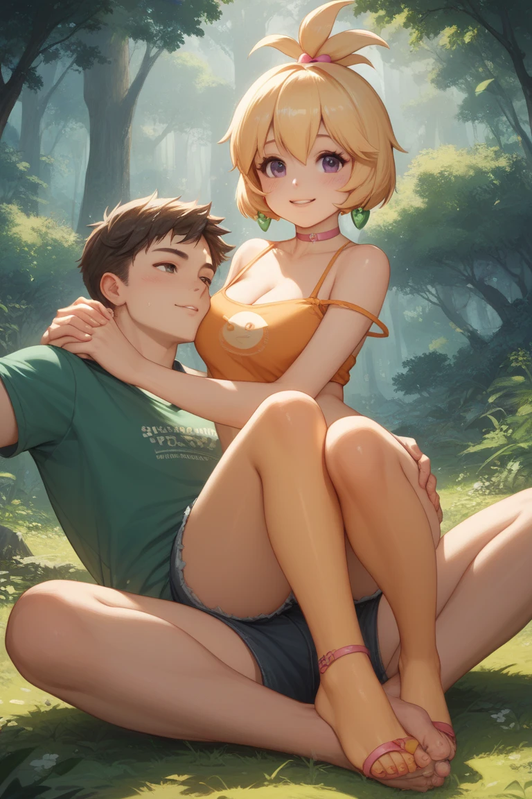 black little boy & nami one piece tless in the grass fields sitting on his white mommy's lap, 1child, 1boy, 1mom