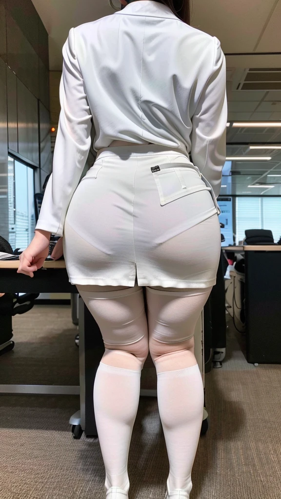25 years old, casual wear, tight light khaki skirt, view from side back, skinny, upskirt, teasing, office, waist shot, light khaki hijab, pale skin, facing viewer, late night, lying on table, screaming, light pink underwear, hand on head, upskirt