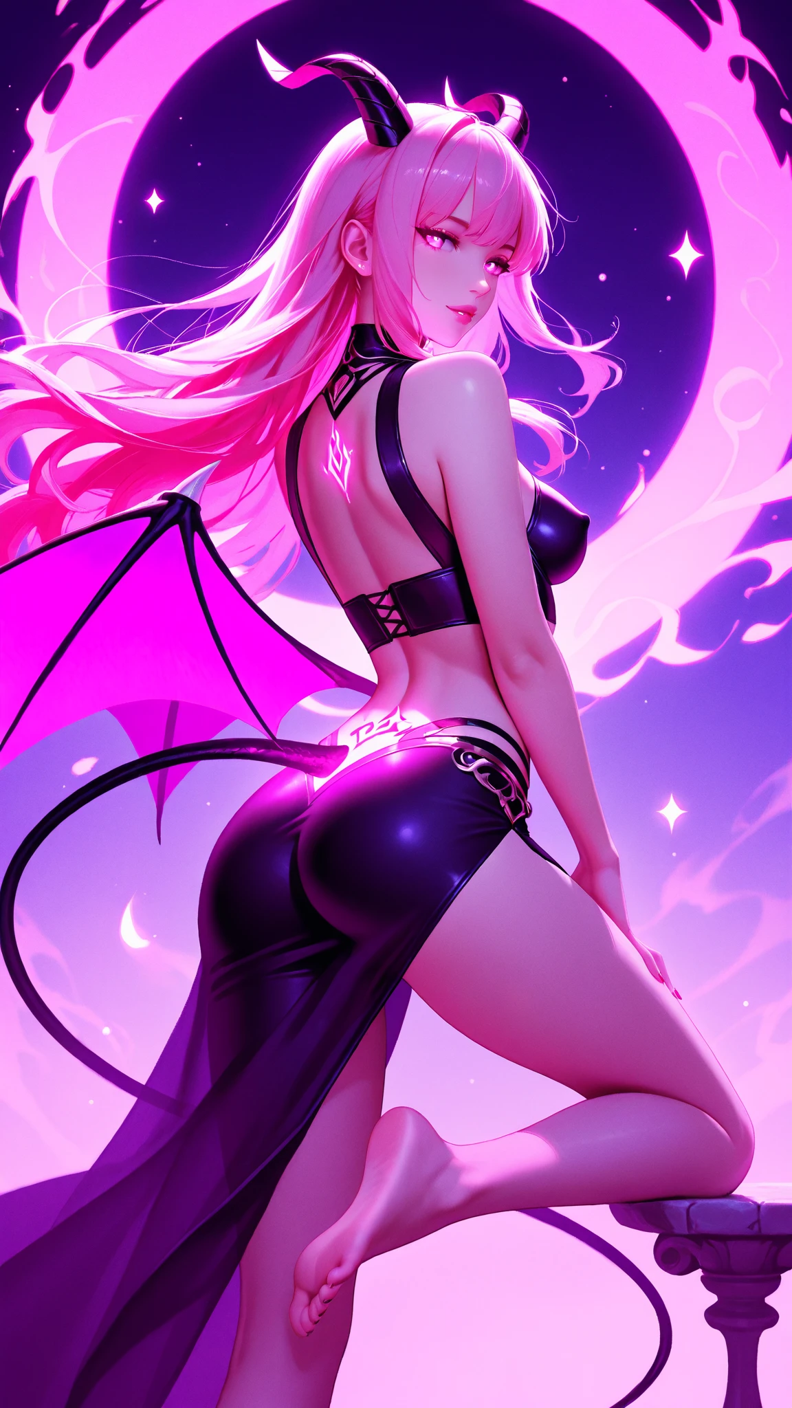 Best quality, highly detailed, ultra detailed, dynamic lighting, tan brown skin femboy, male chest, slim curvy body, pink hair, dreadlocks, long pink dreadlocks, pink dreadlocks, dark brown eyes, pointy elf ears, short pointy horns, pink fairy wings, nails, lipgloss, goth, green crop top, black thong, big butt, dancing, luxury bedroom