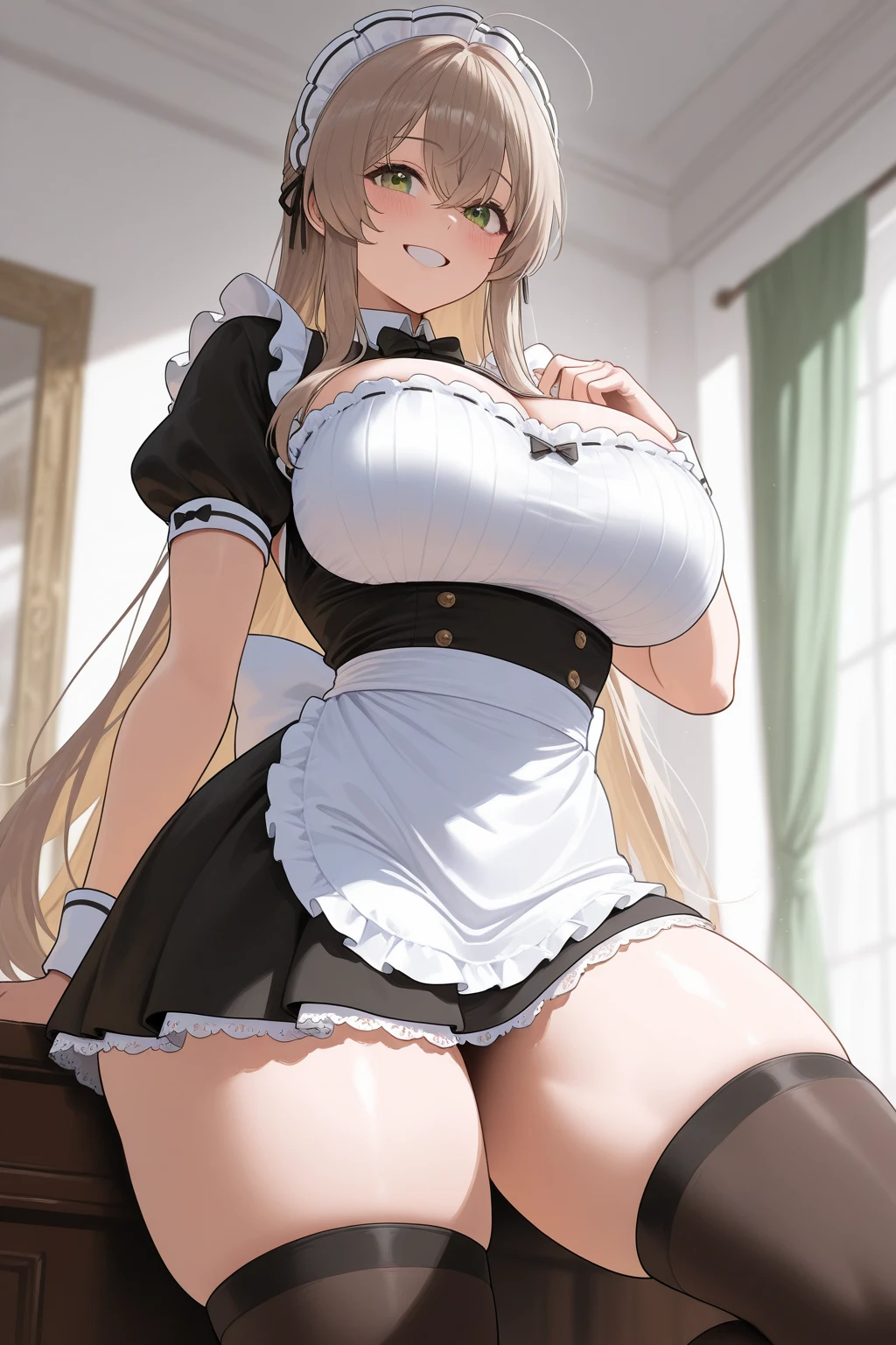 beautiful girl、perfect body、beautiful ample breasts、long blonde hair、((maid))、spread your legs wide、((I&#39;m seducing you、I'm inviting you to have sex))