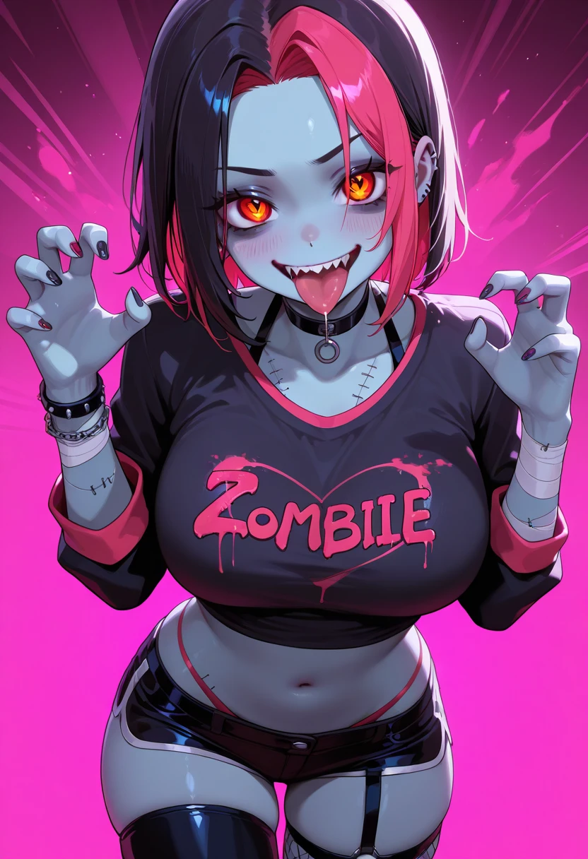 big lips, Brown hair, pink eyes, japanese face, improve, improve grin, two sides up, huge breasts, Wide hips, sexy, detailed, pink room, Hits, (evil smile1.4), kawaii, pleated skirt, punk, GOOD, zombie costume, zombie shirt, zombie choker, zombie skirt, dezombie shirt,navel piercing