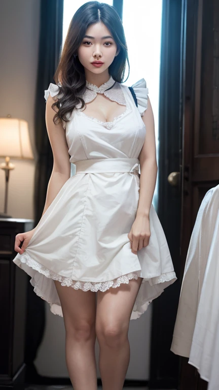 (best quality:1.5), (masterpiece:1.5), very detailed, high resolution, 8k, cute Japanese woman, cute 24 year old beauty, slim body, ((busty breasts)), thin lips, detailed face, Beautiful and elegant face, cute face, natural bangs, arched eyebrows, well-groomed eyebrows, (big eyes with a good balance between the left and right sides), cute eyes, beautiful eyes, beautiful thin nose, (beautiful skin), medium Hair, Brunette hair, black hair, (natural bangs), (Round and cute face:1.2), slim figure, (looking at the camera with a Gentle smile), beautiful legs, smooth skin skin, slim and beautiful thighs, cute and sexy slim 24 year old woman, fair skin , Beautiful breasts, (Slender and slim body:1.5), (Slim waist:1.8), (slim hips:1.8), ((slim Butt:1.8)), I-type Valley, cleavage, (Natural Light:0.8), (lighting forward:0.8), (lighting front:0.8), (Flat lighting:0.8), Relaxed smile, Detailed fingers, beautiful hands, (Round face:1.4), ((Sexy lace panties)), ((Sexy dress)),