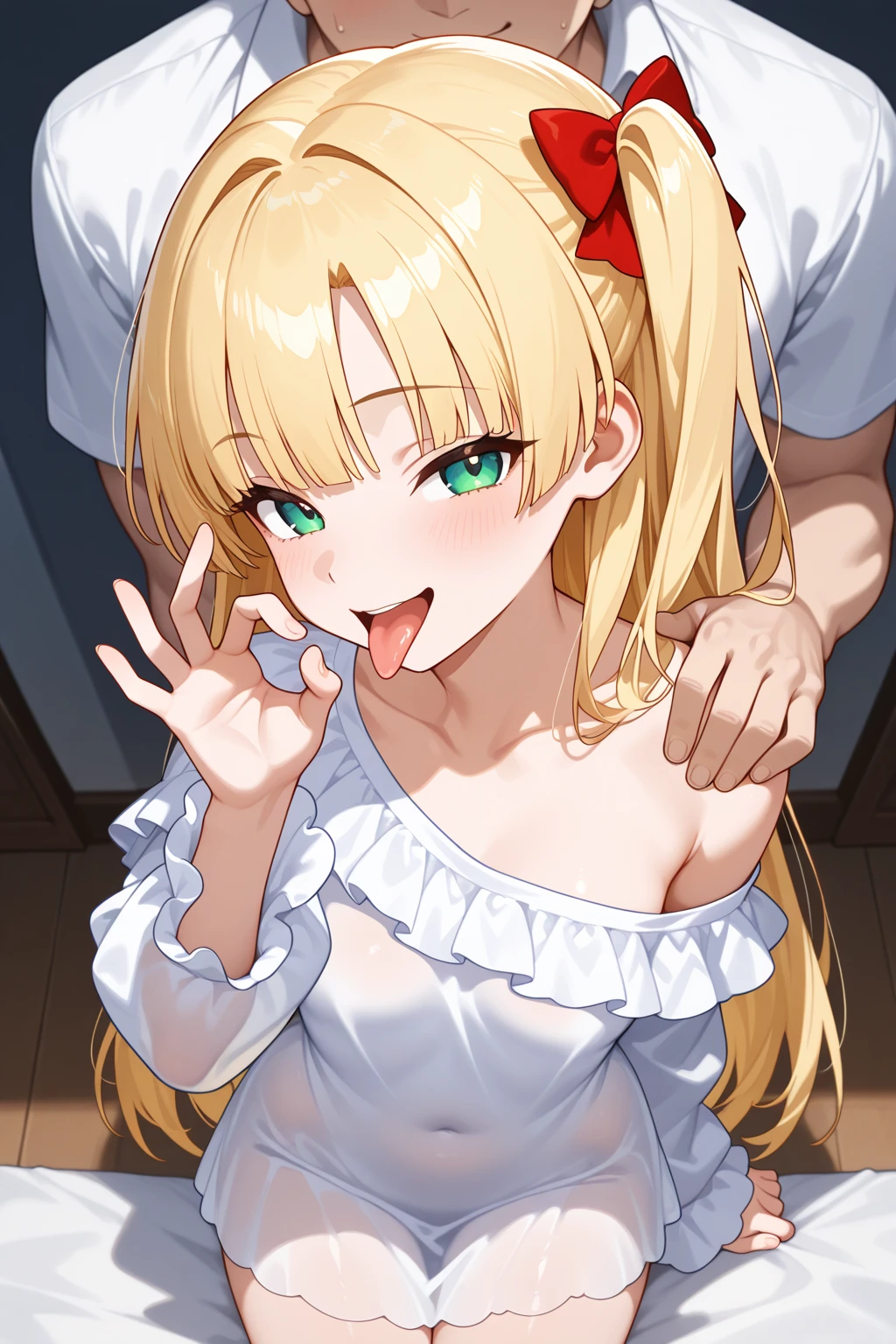 Hiro Default,shinosawa hiro,thin,Orange eyes,White eyelashes,blonde,Long Hair,Hair Clip Flat Chest:1.5、blush、Handjob、blush、Upper body only、Huge erect penis、Pregnant women:1.5、Huge pregnant woman's belly:3.5、hanging breasts、Huge breasts、White knee-high socks、
White Cat Lingerie, choker, Neck bell、白いcat paw gloves、White cat ears、From the side:1.2