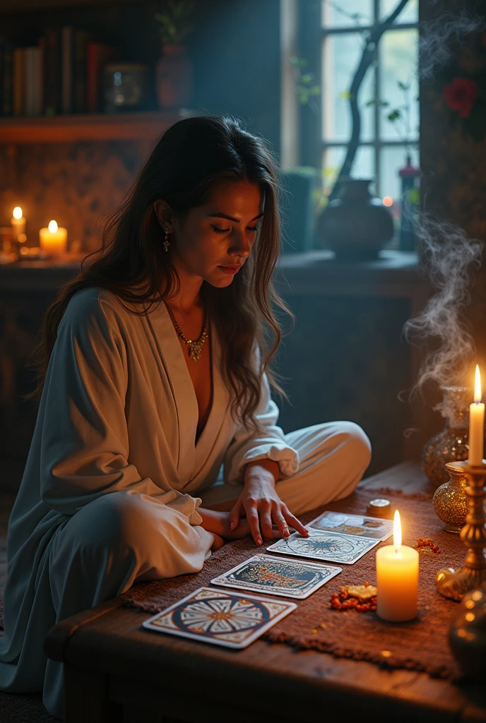 absurdres, (masterpiece, best quality:1.2), sharp focus, bokeh, depth of field,fog,
An old woman in a gypsy-like costume in a tent with a gypsy-like interior,She is a fortune teller and is telling the future with her hands over a tarot cards on the table in front of her,There is a magical energy around her, and something frightening is in the air,tarot card, rare treasures,Delicate fingers, <lora:- SDXL - vanta-black_contrast_V3.0:1> <lora:sinfully_stylish_SDKL:1> <lora:Surreal Harmony:1> Surreal Harmony ,