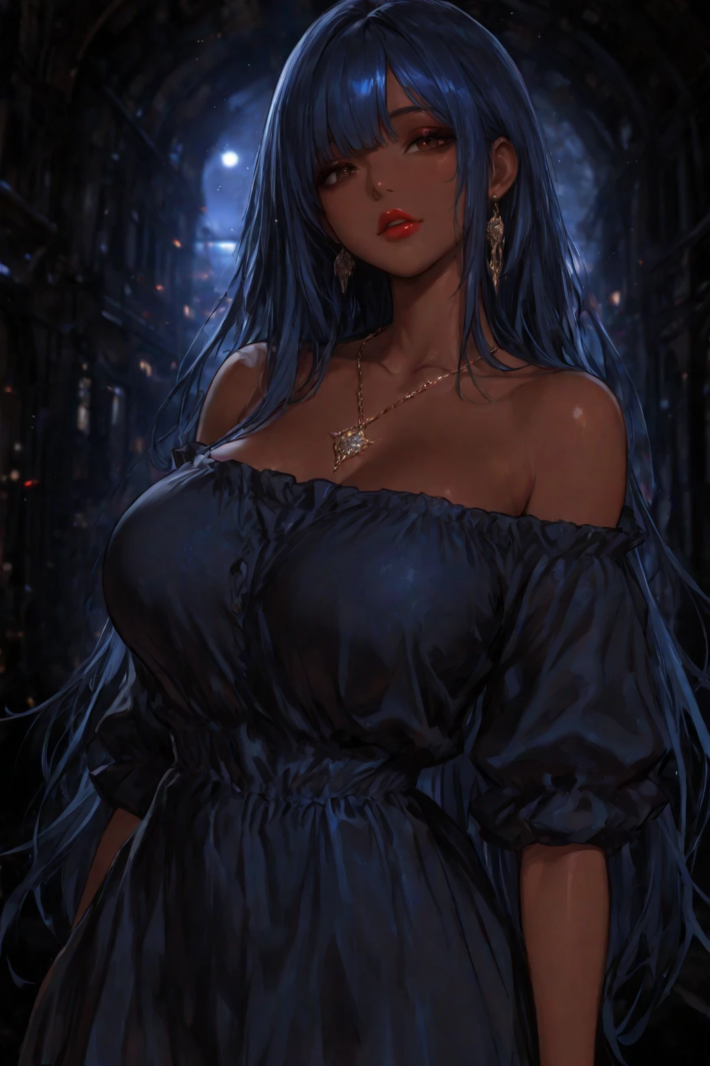 best qualtiy, 超高分辨率, (realisticlying:1.4), 1girll, Off-shoulder white shirt, Black tight skirt, a black choker, (Faded gray-gray hair:1), (:1.2), looking at viewert, closeup cleavage ,huge tit,Blush,Wearing pink sunglasses,