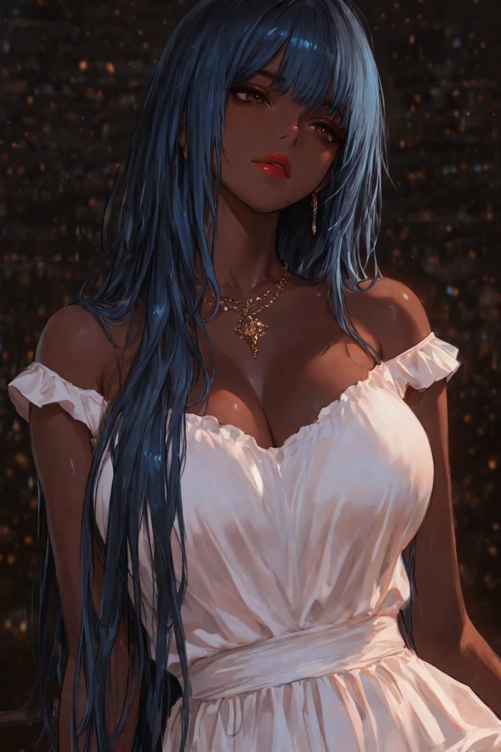 1girl, in laboratory, (18 years old), (dark skin), dark skin, wide shot, light blue eyes, long wavy hair, blond hair, orgasm, (floral sun dress), (Masterpiece, Professional lighting, 16k, 8k wallpaper, raw photo, photo realistic:1.8, ultra detailed, natural lighting, detailed skin sexy pose, open mouth, big lips, night time, magic energy, neon light, orgasm, soaked, sweating, crying, screaming, action, cleavage