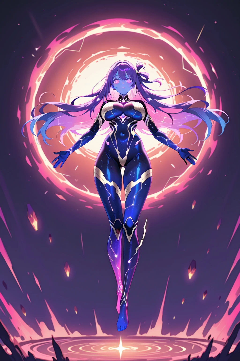 Futuristic Anime-inspired magical African American girl, celestial realm, glowing wings, ethereal beauty, celestial objects, celestial magic, cosmic backdrop, enchanting atmosphere