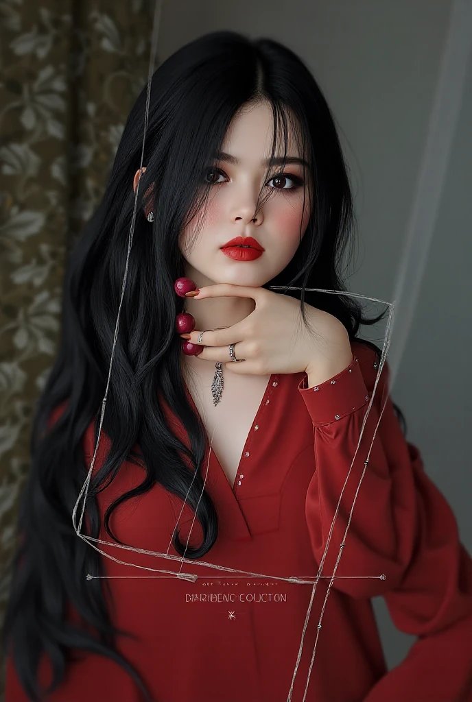 long black hair、Arafad woman wearing red lipstick and posing for photo, Urzan, 8k selfie photos, Clear lips and high quality, Gorgeous Chinese model, Fan Bingbing, sha xi, Xintong Chen, 30 year old female, thick red lips, 30 year old woman, small and thick red lips, 22 years old