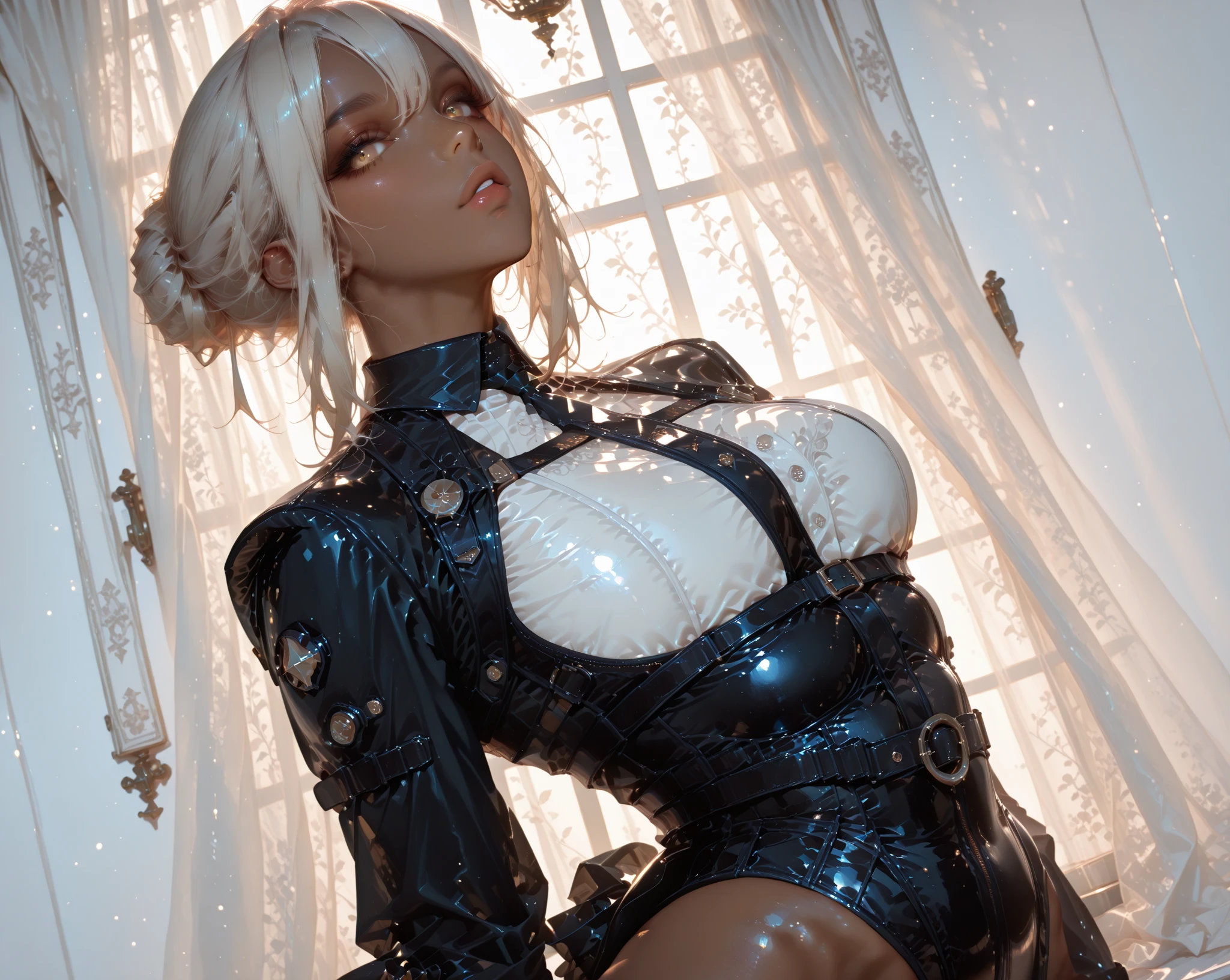 2b,One girl,Gray Hair,White jumpsuit,wide_shot,bust,Facial lighting,Bright backlight,Medium chest,Ultra-high resolution,highest quality,photograph,4K,(Realistic:1.2),