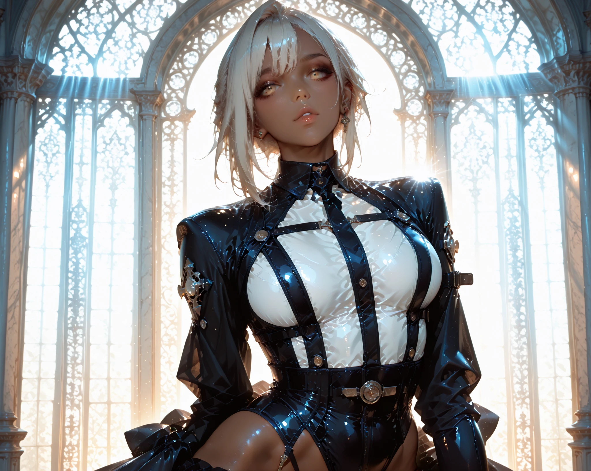 2b,One girl,Gray Hair,White jumpsuit,wide_shot,bust,Facial lighting,Bright backlight,Medium chest,Ultra-high resolution,highest quality,photograph,4K,(Realistic:1.2),