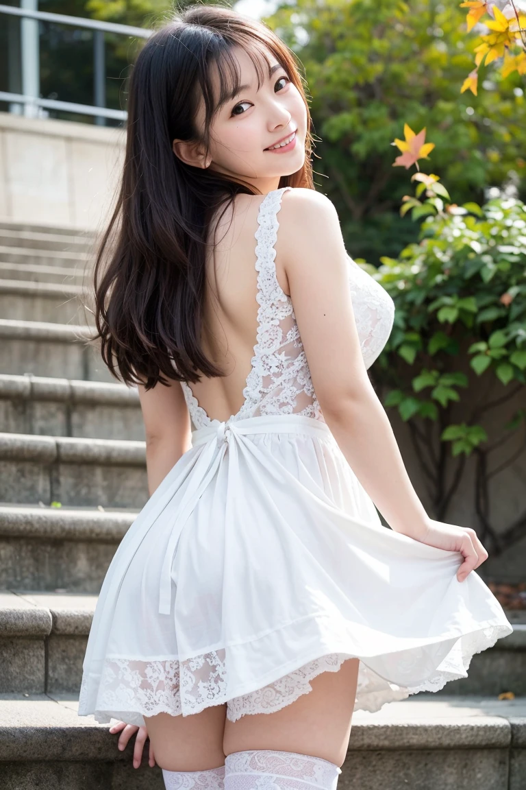 (Best-quality, Masterpiece, Ultra-High-Resolution, (Photorealistic:1.4), Raw Photo, depth of field, professional lighting, perfect anatomy, extremely details), 1girl, 15-years-old, the most famous Japanese idol, (((at flower garden, booty pose, extremely low angle))), ((wearing extremely-cute-lacy-dress)), (extremely cute and extremely childish face like the most popular Japanese idol,((extremely cute and extremely big eyes)), extremely beautiful black-long-hair, ((extremely beautiful skins)), extremely cute long-eyelashes, extremely cute lips, extremely cute legs), ((innocent smile))