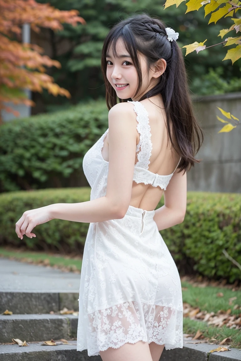 (​masterpiece:2.0), (top-quality:2.0), (white Tube top extremely short length dress:1.5), (perfect exposed shoulders:1.5), (perfect exposed nape:1.5), (super sexypose:1.5), (blushed face:1.3), (barechested:1.3), (realistic:1.5), 1 little girl, precise small hands, Embarrassed look, light smile, extremely cute girl, innocent face, young face, Clear eyes, Shining eyes, shoulder is visible, small breast, thigh is visible, (The buttocks is visible:1.5), No pubic hair, The beautiful skin, ultra-definition, Top resolution, japan high school student, brown hair