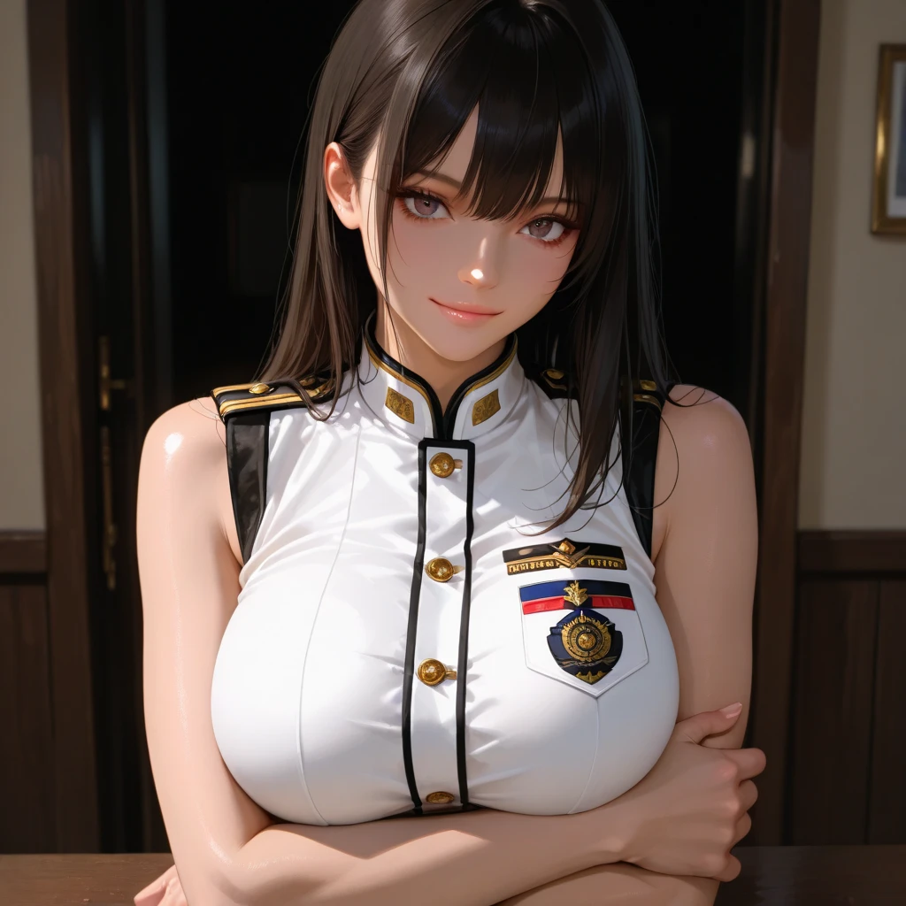 ((masterpiece, best quality, absurdres)), 1girl, a girl named lineana, large breasts, cat ears, red eyes, cat ears, cat tail, cleavage, gray hair, short hair, uniform, short sleeves, white jacket, red pleated skirt, red bow, upper body, indoors, looking at viewer, windows